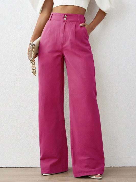 CM-BS959569 Women Preppy Seoul Style Solid High Waist Wide Leg Jeans - Hot Pink