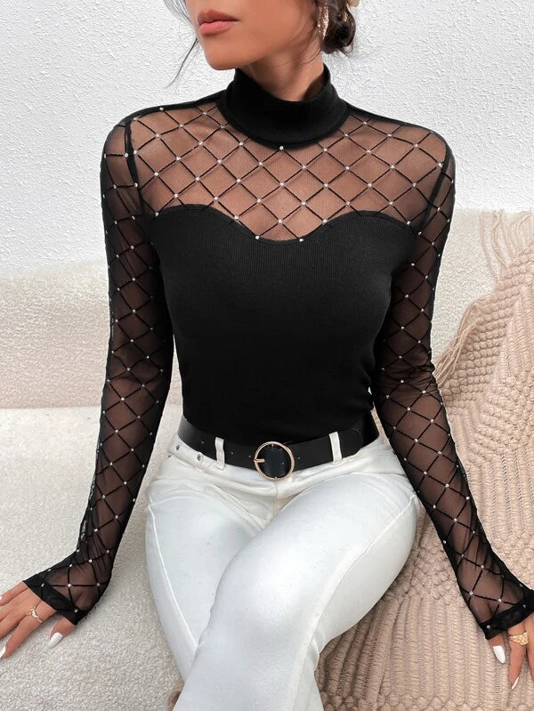 CM-TS472747 Women Casual Seoul Style Rhinestone Insert Contrast Mesh High Neck Tee