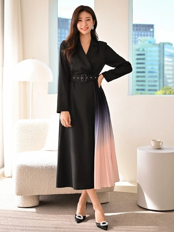 CM-DS181110 Women Elegant Seoul Style Colorblock Lapel Collar Pleated Hem Belted Dress