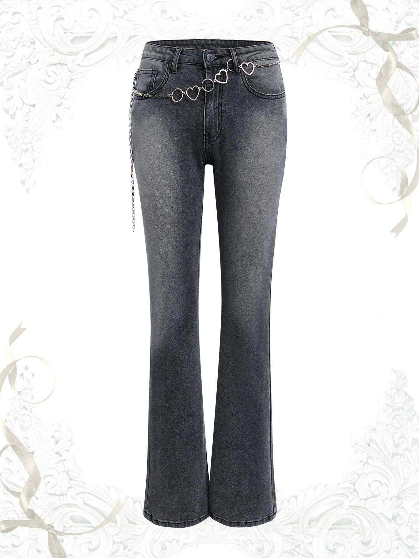 CM-BS299089 Women Preppy Seoul Style Drop Waist Washed Flare Leg Jeans - Dark Gray