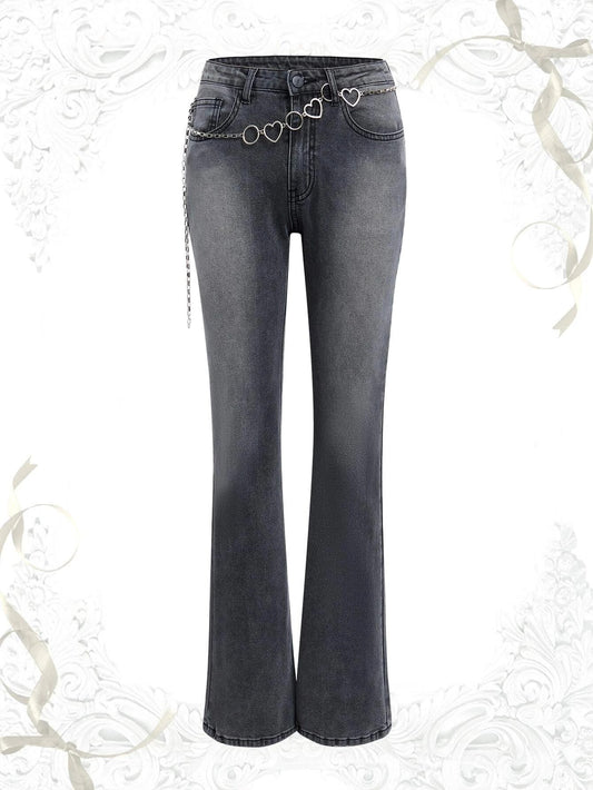 CM-BS299089 Women Preppy Seoul Style Drop Waist Washed Flare Leg Jeans - Dark Gray