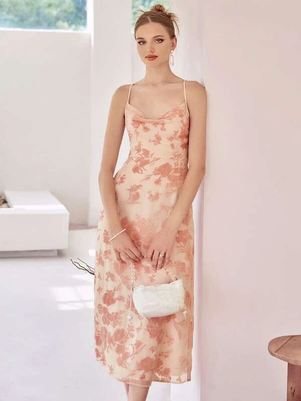CM-DS546881 Women Casual Seoul Style Floral Print Criss Cross Back Draped Cami Dress