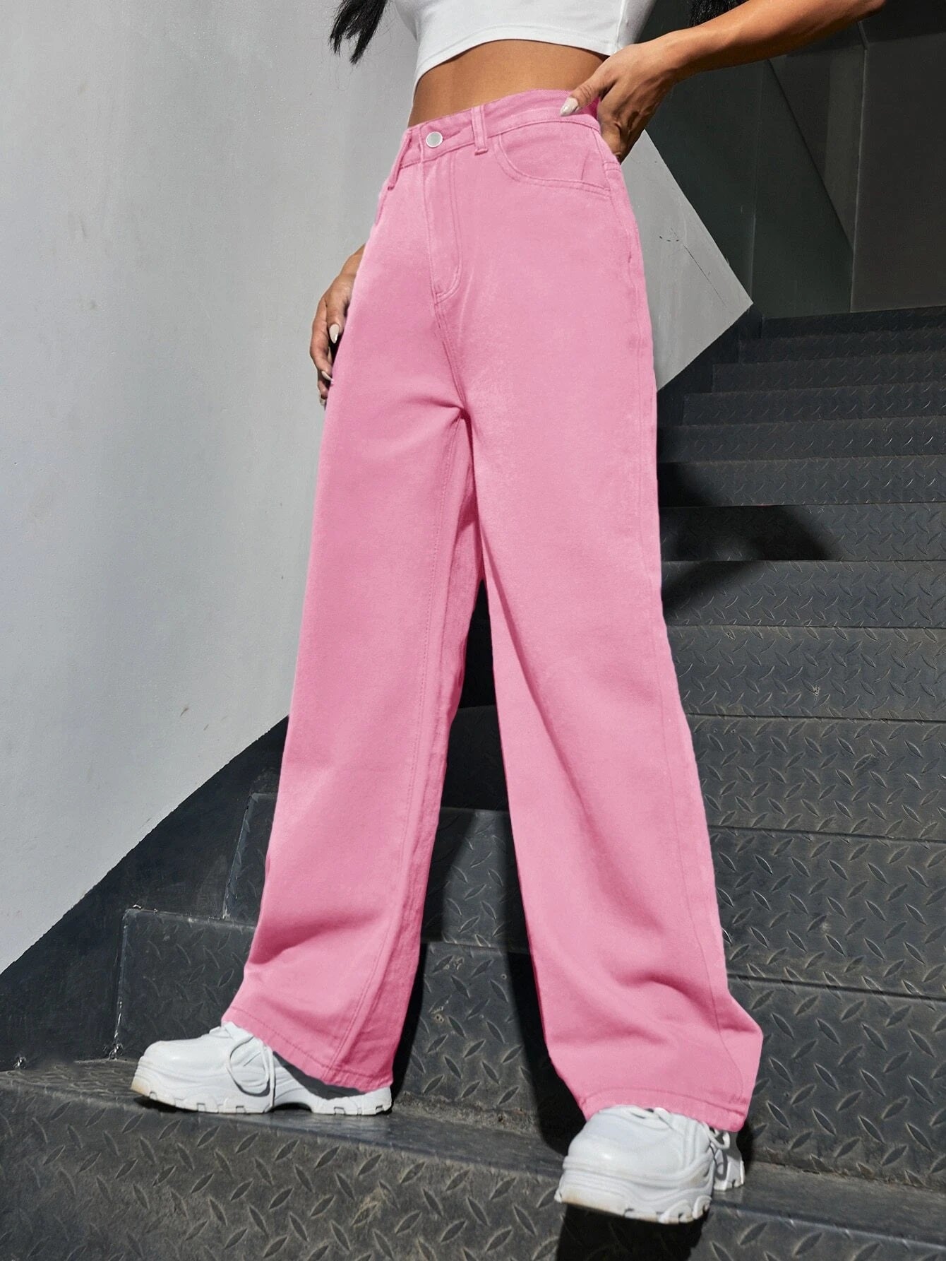 CM-BS400451 Women Preppy Seoul Style Slant Pocket High Waist Boyfriend Jeans - Pink