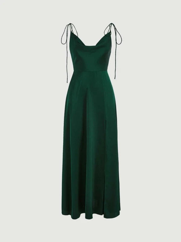 CM-DS512900 Women Elegant Seoul Style Tie Shoulder Solid Maxi Satin Cami Dress - Dark Green