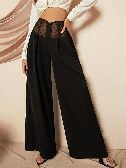 CM-BS315674 Women Elegant Seoul Style High Waist Contrast Mesh Wide Leg Pants - Black