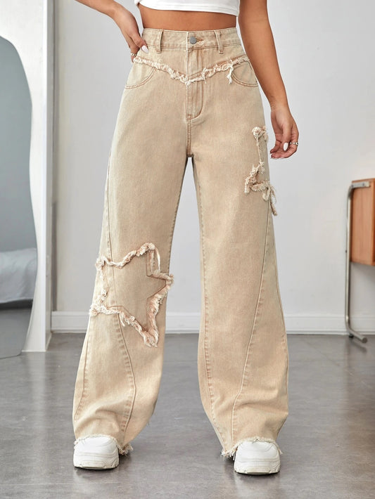 CM-BS161262 Women Casual Seoul Style High Waist Raw Trim Wide Leg Jeans - Khaki