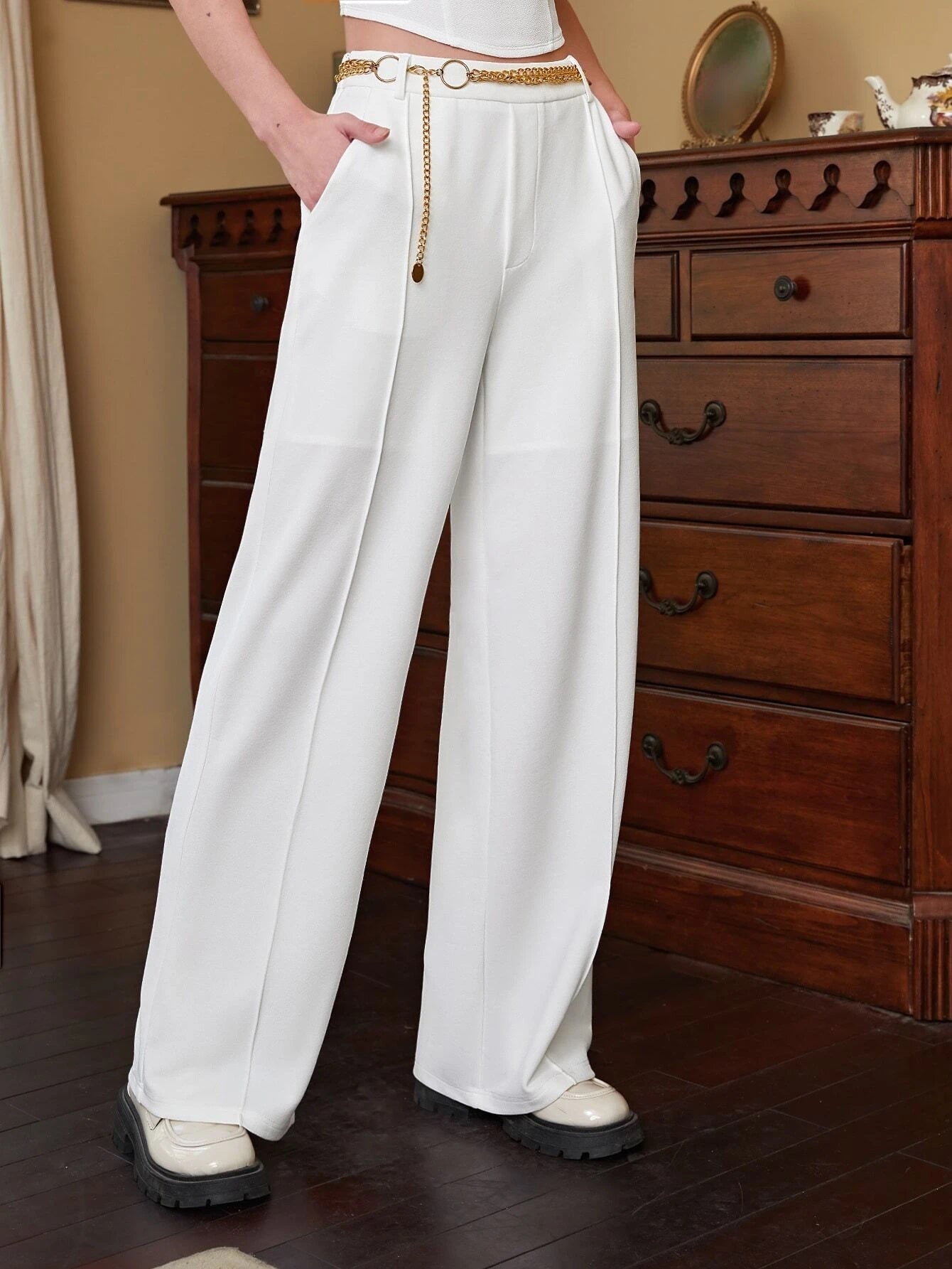 CM-BS288833 Women Elegant Seoul Style High Waist Solid Wide Leg Belted Pants