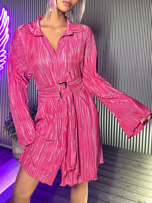 CM-DS384177 Women Elegant Seoul Style Drop Shoulder Belted Shirt Dress