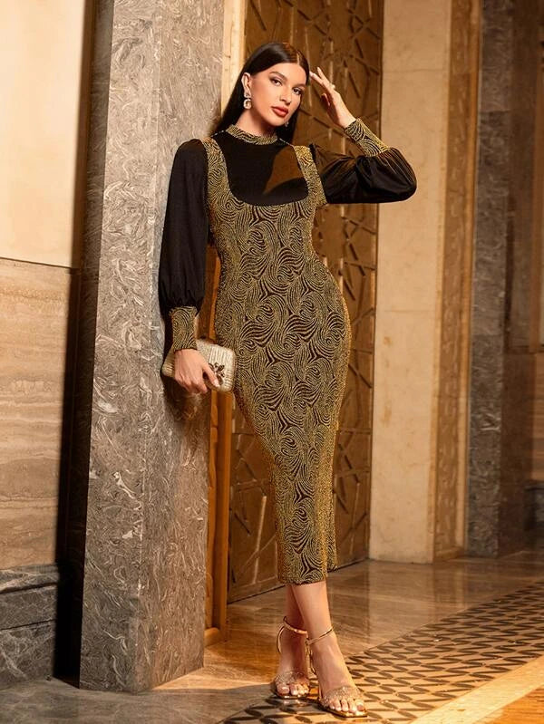 CM-DS444466 Women Elegant Seoul Style Graphic Print 2 In 1 Bishop Sleeve Dress
