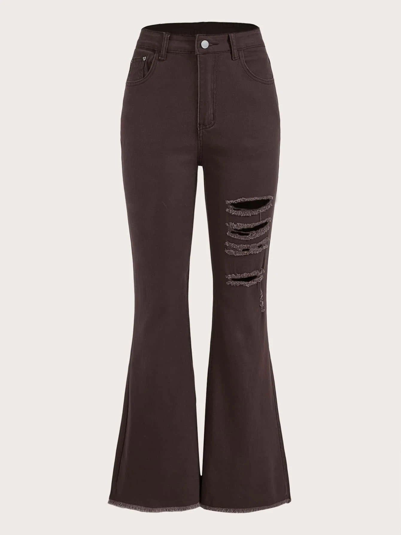 CM-BS258088 Women Preppy Seoul Style High Waist Ripped Raw Hem Flare Leg Jeans - Chocolate Brown