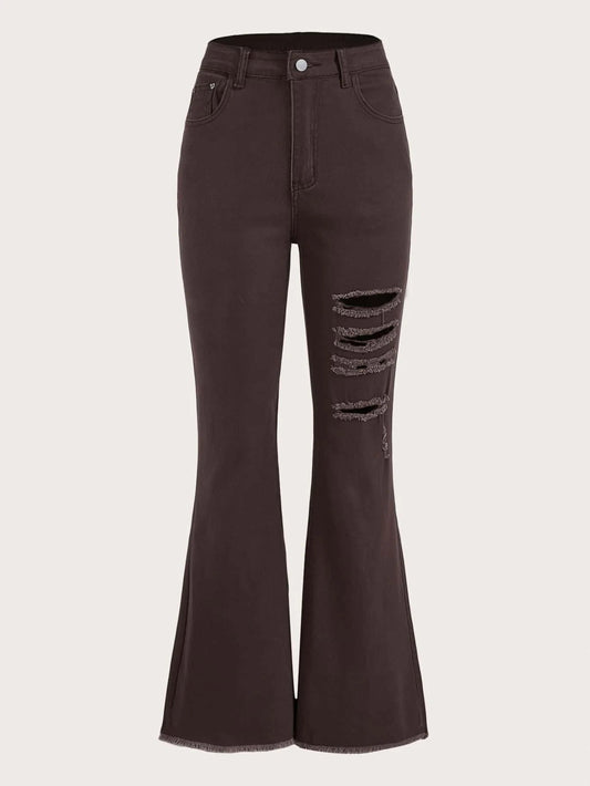 CM-BS258088 Women Preppy Seoul Style High Waist Ripped Raw Hem Flare Leg Jeans - Chocolate Brown