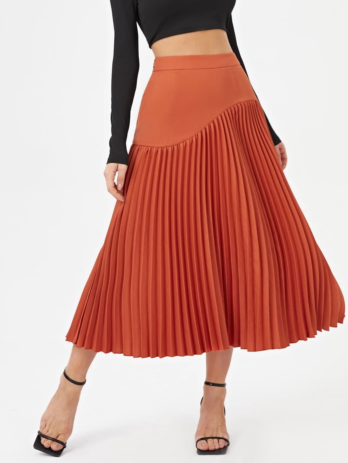 CM-BS142483 Women Elegant Seoul Style Solid High Waist Pleated Skirt - Orange