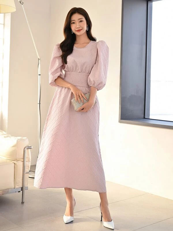 CM-DS451492 Women Casual Seoul Style Solid Puff Sleeve A-Line Dress - Dusty Pink