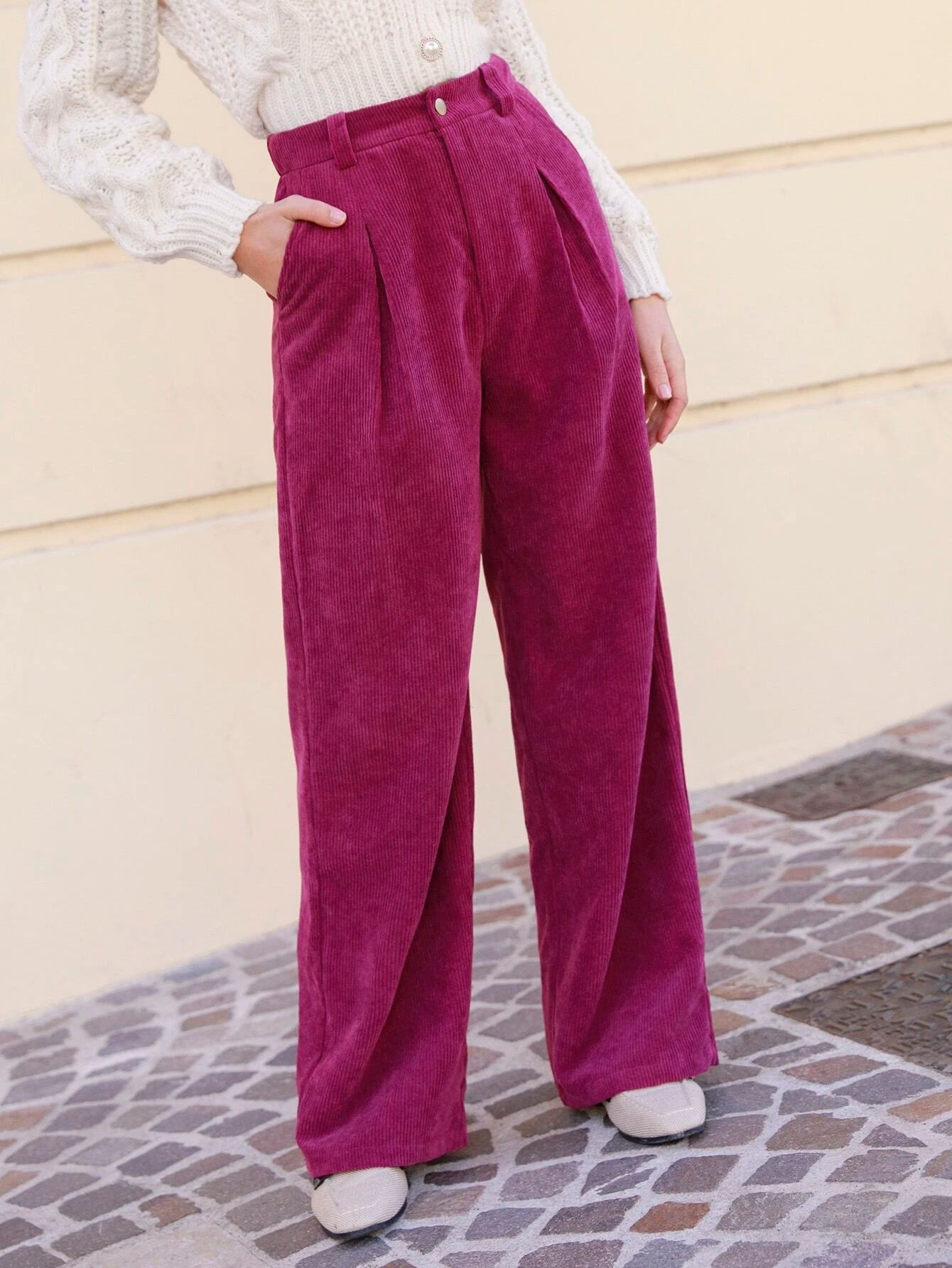 CM-BS034643 Women Casual Seoul Style High Waist Fold Pleated Corduroy Pants