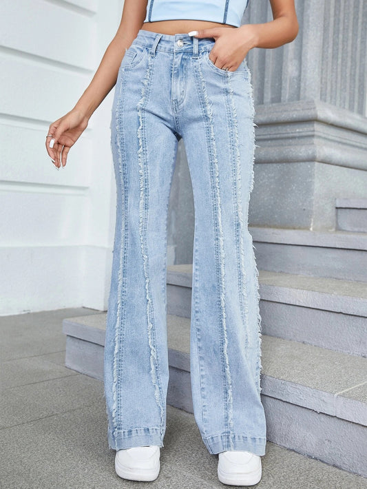 CM-BS151376 Women Preppy Seoul Style Light Wash Zipper Fly Raw Trim Flare Leg Jeans
