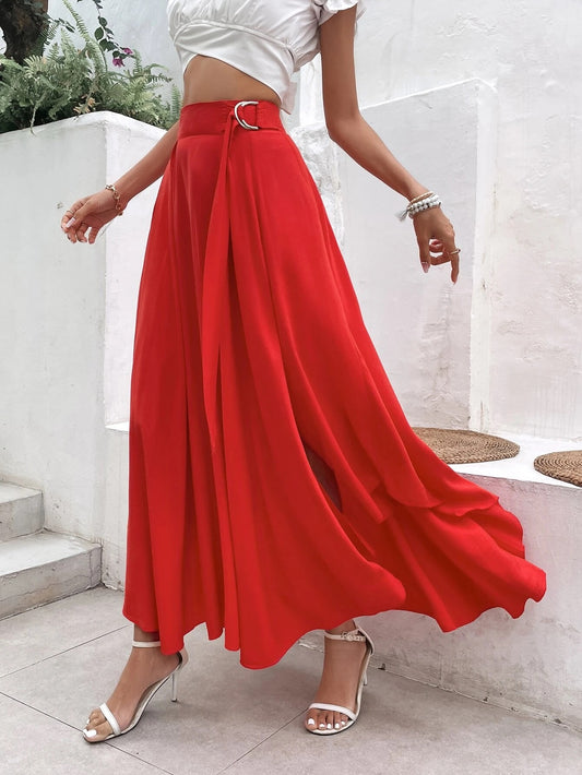 CM-BS718198 Women Trendy Bohemian Style Solid Split Hem Ring Detail Skirt - Red