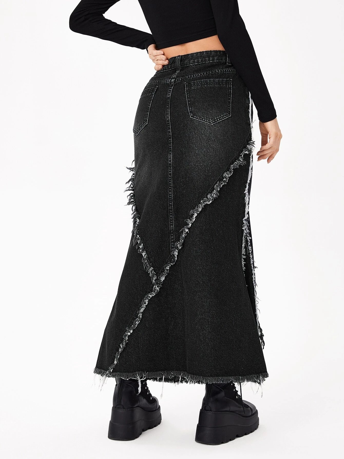 CM-BS787144 Women Casual Seoul Style High Waist Raw Trim Denim Skirt - Black