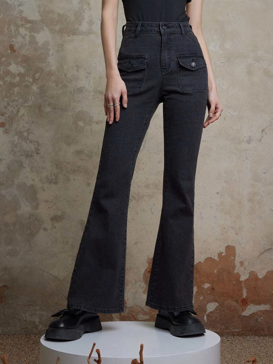 CM-BS829381 Women Preppy Seoul Style High Waist Flap Pocket Flare Leg Jeans - Dark Gray