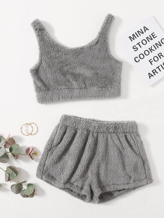 CM-LS406119 Women Trendy Seoul Style Plush Tank Top With Shorts Teddy Lounge Set - Gray