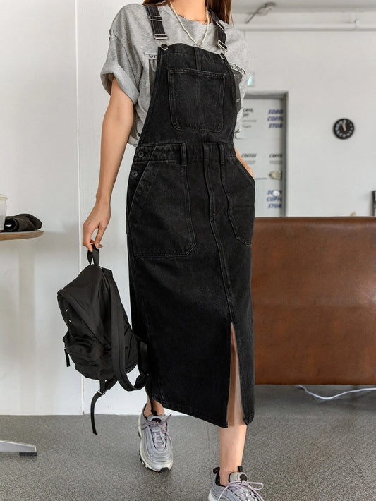 CM-DS418881 Women Preppy Seoul Style Slant Pockets Slit Front Denim Overall Dress - Black