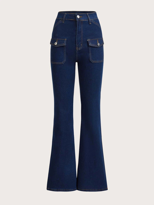 CM-BS746440 Women Preppy Seoul Style Dark Wash Flap Pocket Flare Leg Jeans