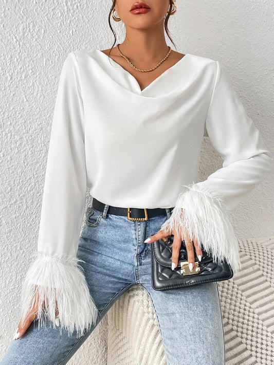 CM-TS577189 Women Elegant Seoul Style Draped Collar Fuzzy Cuff Blouse - White