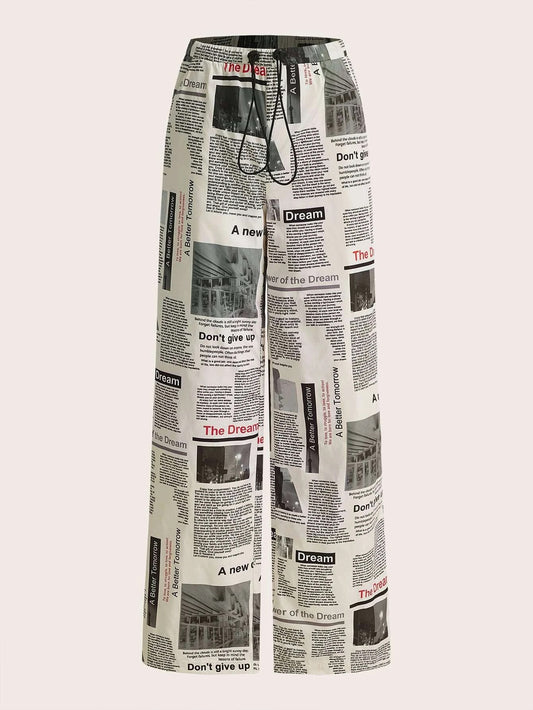 CM-BS418667 Women Casual Seoul Style Newspaper Print Drawstring Waist Wide Leg Pants