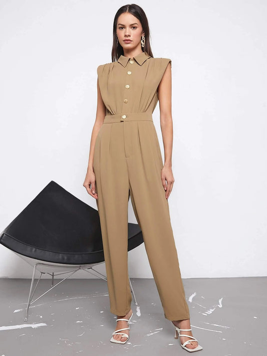 CM-JS611690 Women Elegant Seoul Style Solid Button Front Shoulder Pad Sleeveless Jumpsuit