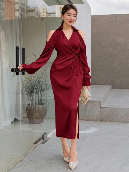CM-DS115003 Women Elegant Seoul Style Cold Shoulder Twist Front Split Thigh Dress - Burgundy