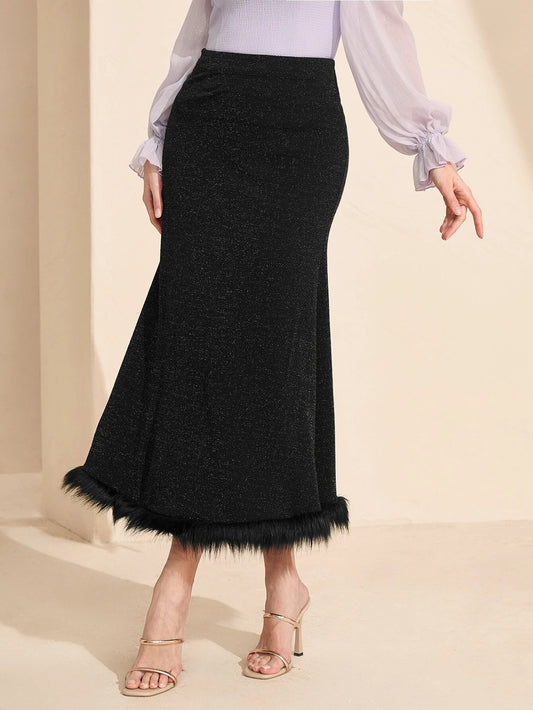 CM-BS610801 Women Casual Seoul Style High Waist Fuzzy Hem Glitter Skirt - Black