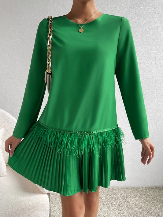 CM-DS477927 Women Casual Seoul Style Contrast Fuzzy Trim Pleated Hem Dress - Green