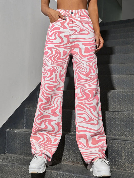 CM-BS924926 Women Preppy Seoul Style High Waist All Over Print Wide Leg Jeans - Pink