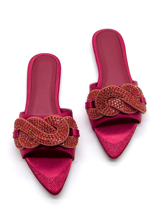 CM-SHS649414 Women Trendy Seoul Style Satin Rhinestone Decor Slide Sandals - Red