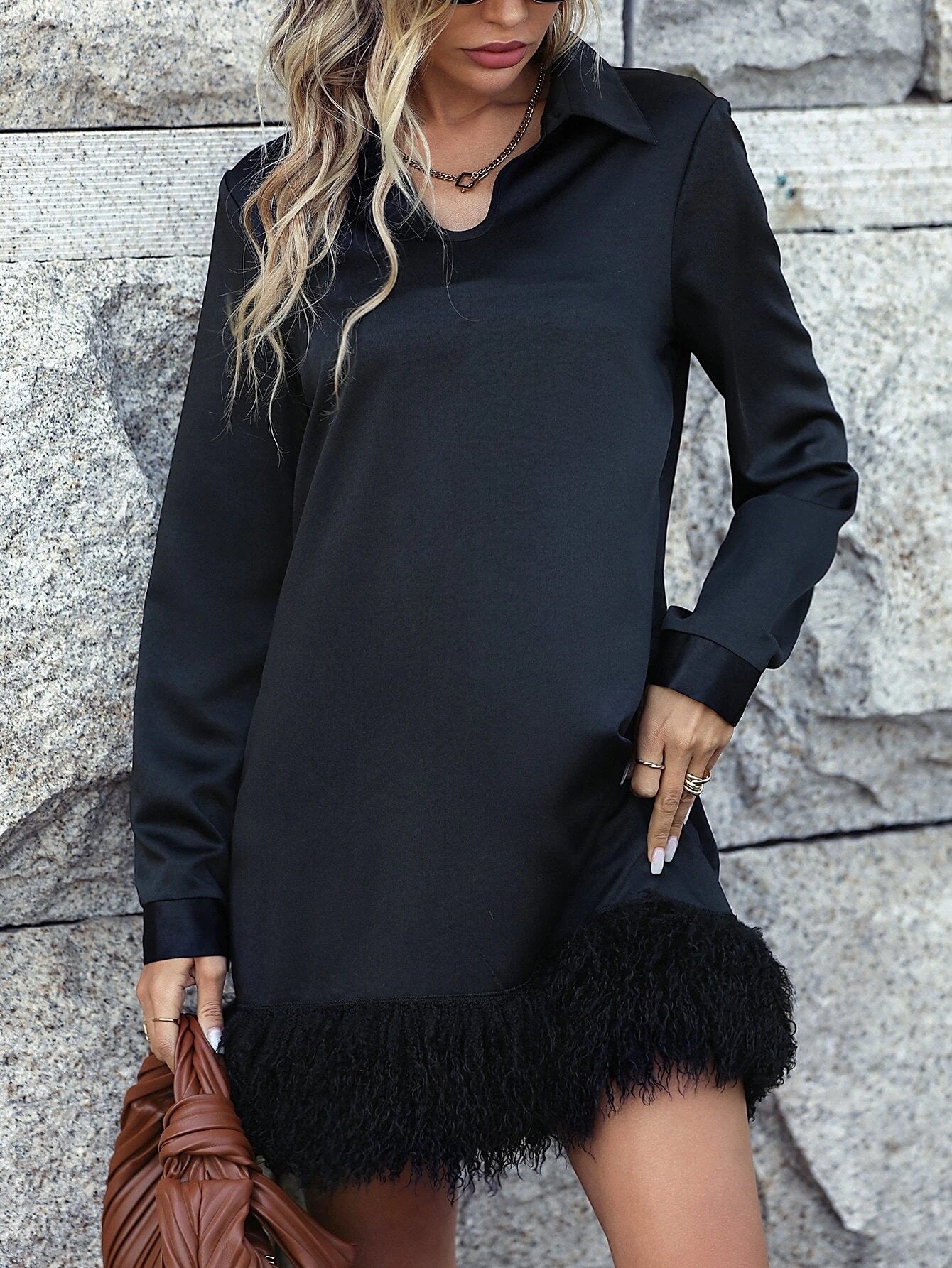 CM-DS098728 Women Elegant Seoul Style Collar Neckline Solid Fuzzy Hem Tunic Dress - Black