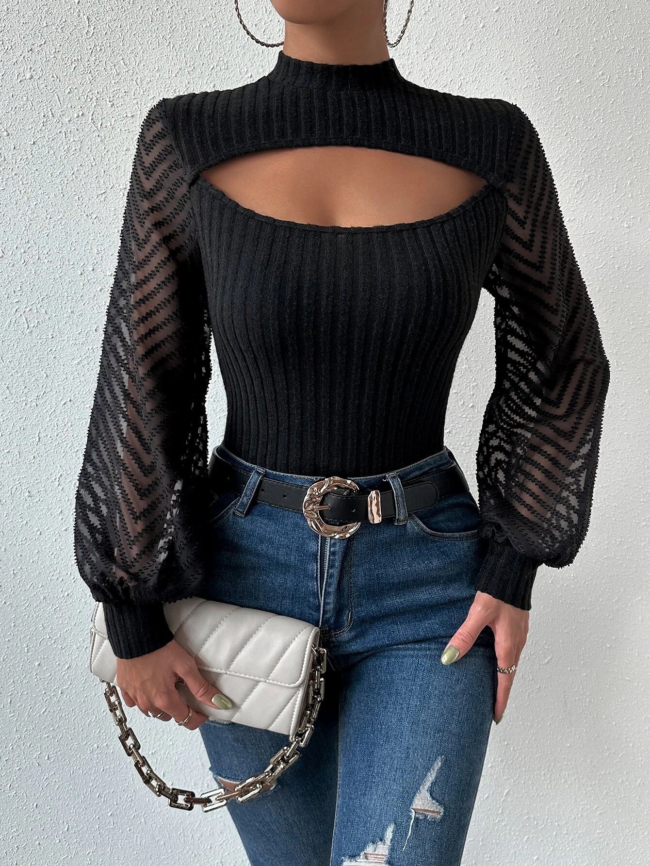 CM-TS713263 Women Casual Seoul Style Cut Out Front Mock Neck Contrast Mesh Lantern Sleeve Top