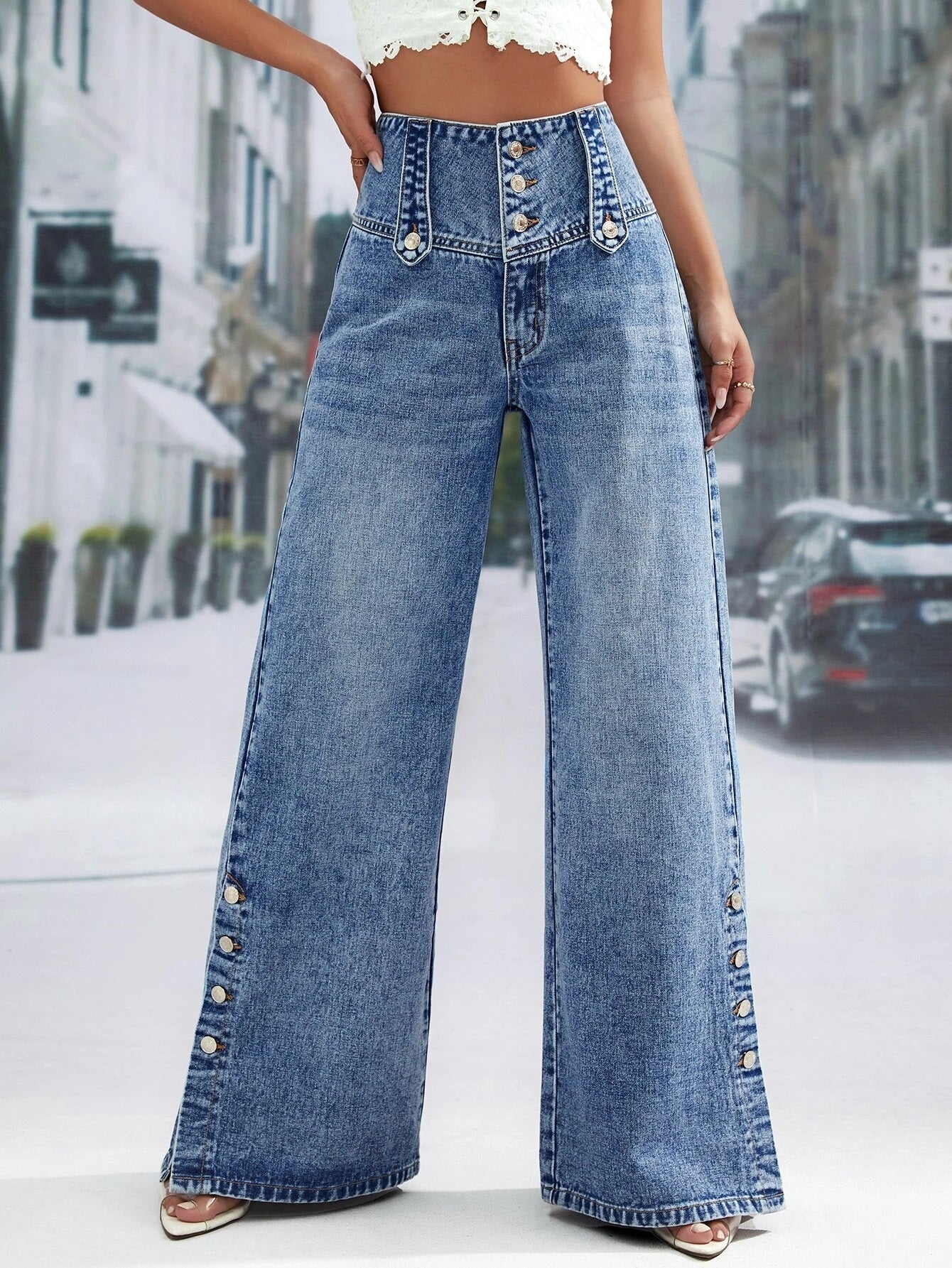 CM-BS261401 Women Preppy Seoul Style Medium Wash Button Fly Wide Leg Jeans