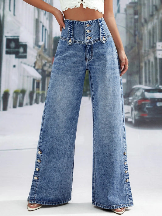 CM-BS261401 Women Preppy Seoul Style Medium Wash Button Fly Wide Leg Jeans
