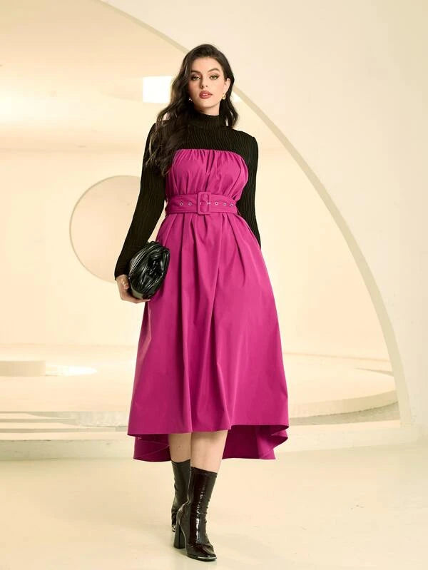 CM-DS301477 Women Casual Seoul Style Color Block High Low Hem Belted Dress