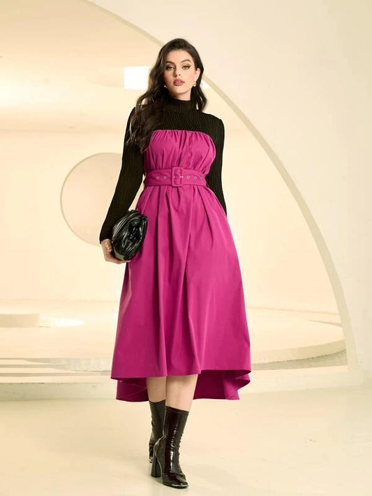 CM-DS301477 Women Casual Seoul Style Color Block High Low Hem Belted Dress