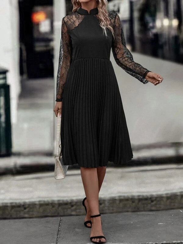 CM-DS696654 Women Elegant Seoul Style Contrast Lace Pleated Hem Dress - Black