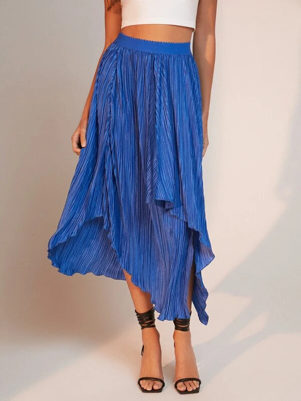 CM-BS133918 Women Elegant Seoul Style Asymmetrical Hem Solid Skirt - Royal Blue