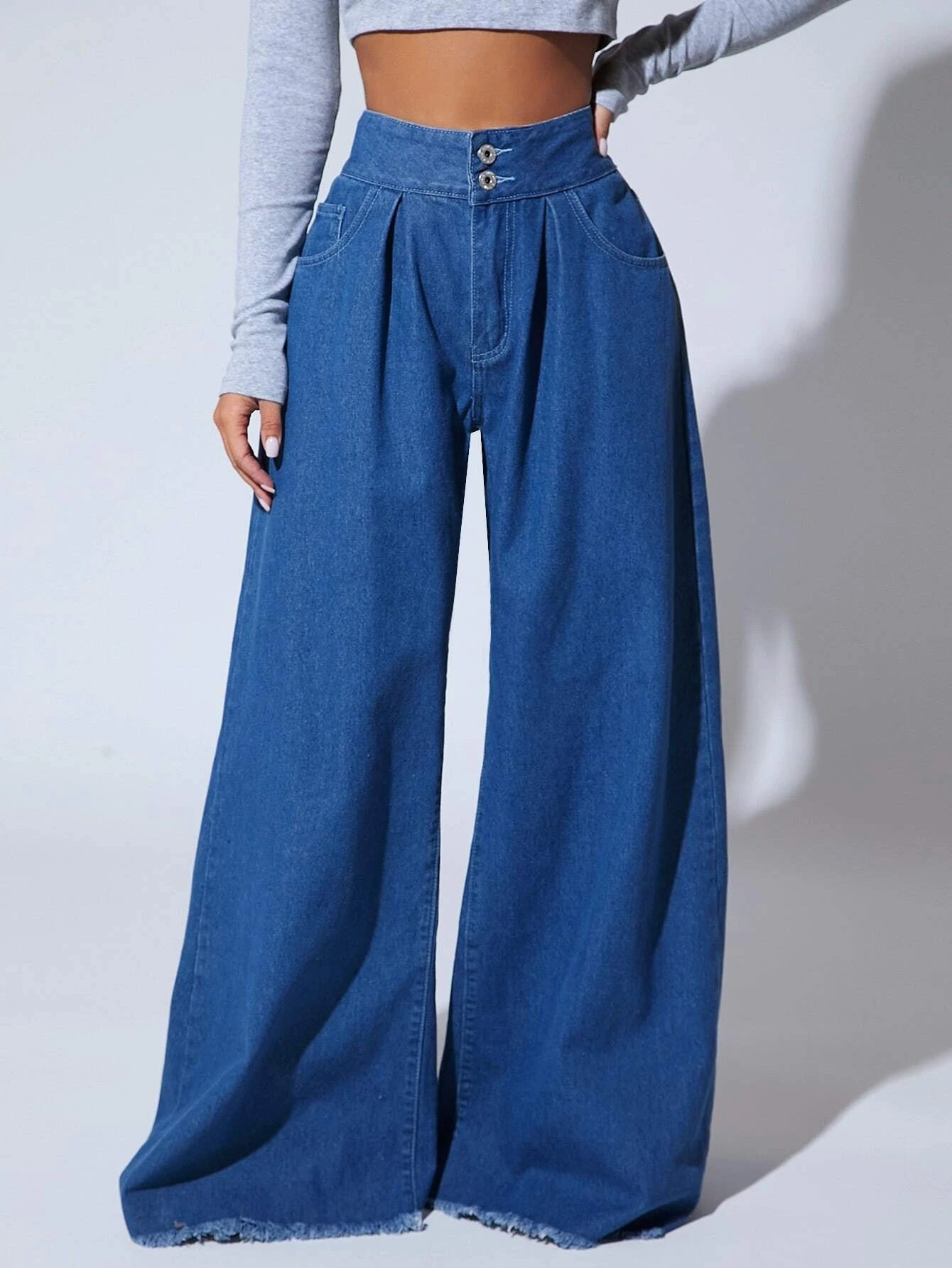 CM-BS478811 Women Preppy Seoul Style Medium Wash Raw Hem Wide Leg Jeans