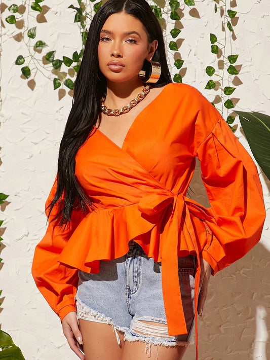CM-TS797546 Women Trendy Bohemian Style Lantern Sleeve Knot Side Wrap Blouse - Orange