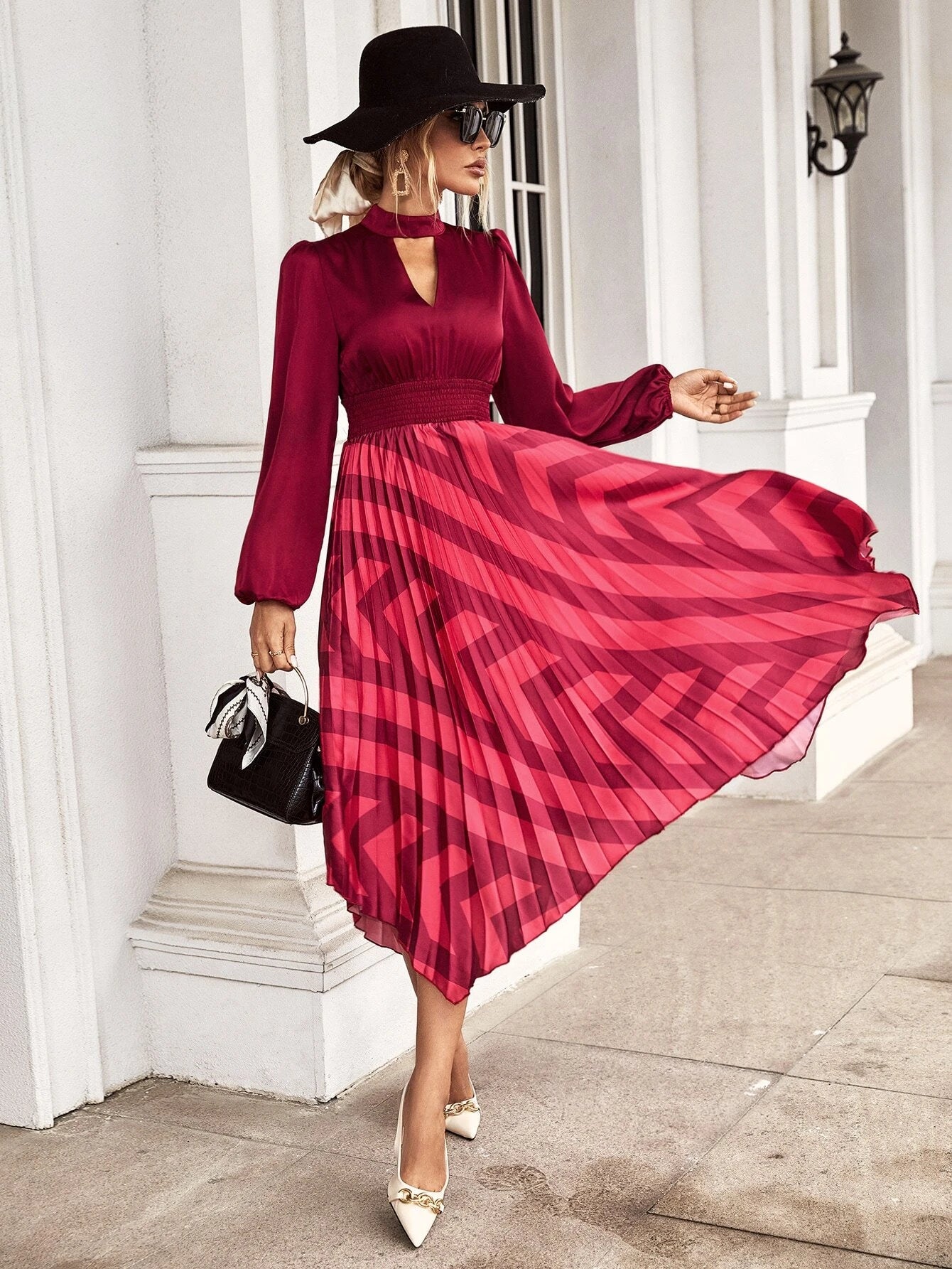 CM-DS447499 Women Casual Seoul Style Print Keyhole Neckline Shirred Waist Pleated Hem Satin Dress