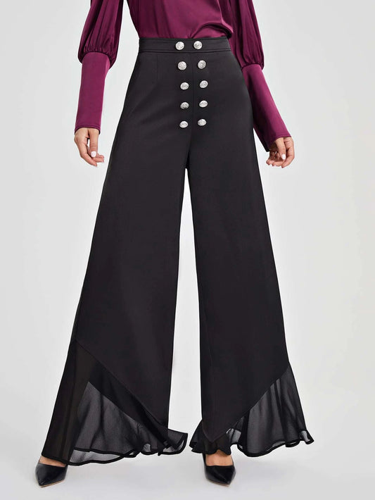 CM-BS065056 Women Elegant Seoul Style Double Button Front Wide Leg Pants - Black