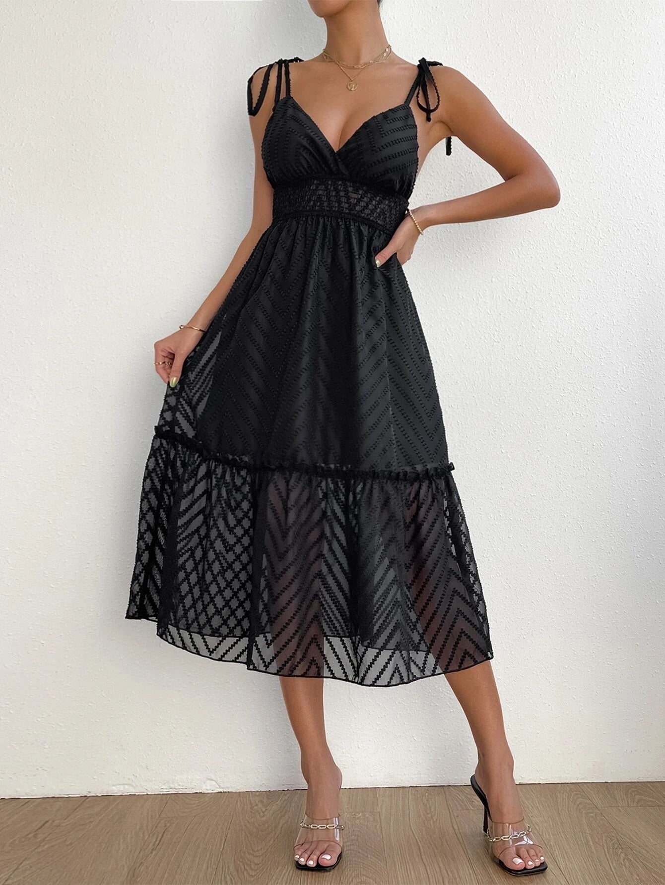 CM-DS427747 Women Casual Seoul Style Tie Shoulder Frill Trim Ruffle Hem Cami Dress