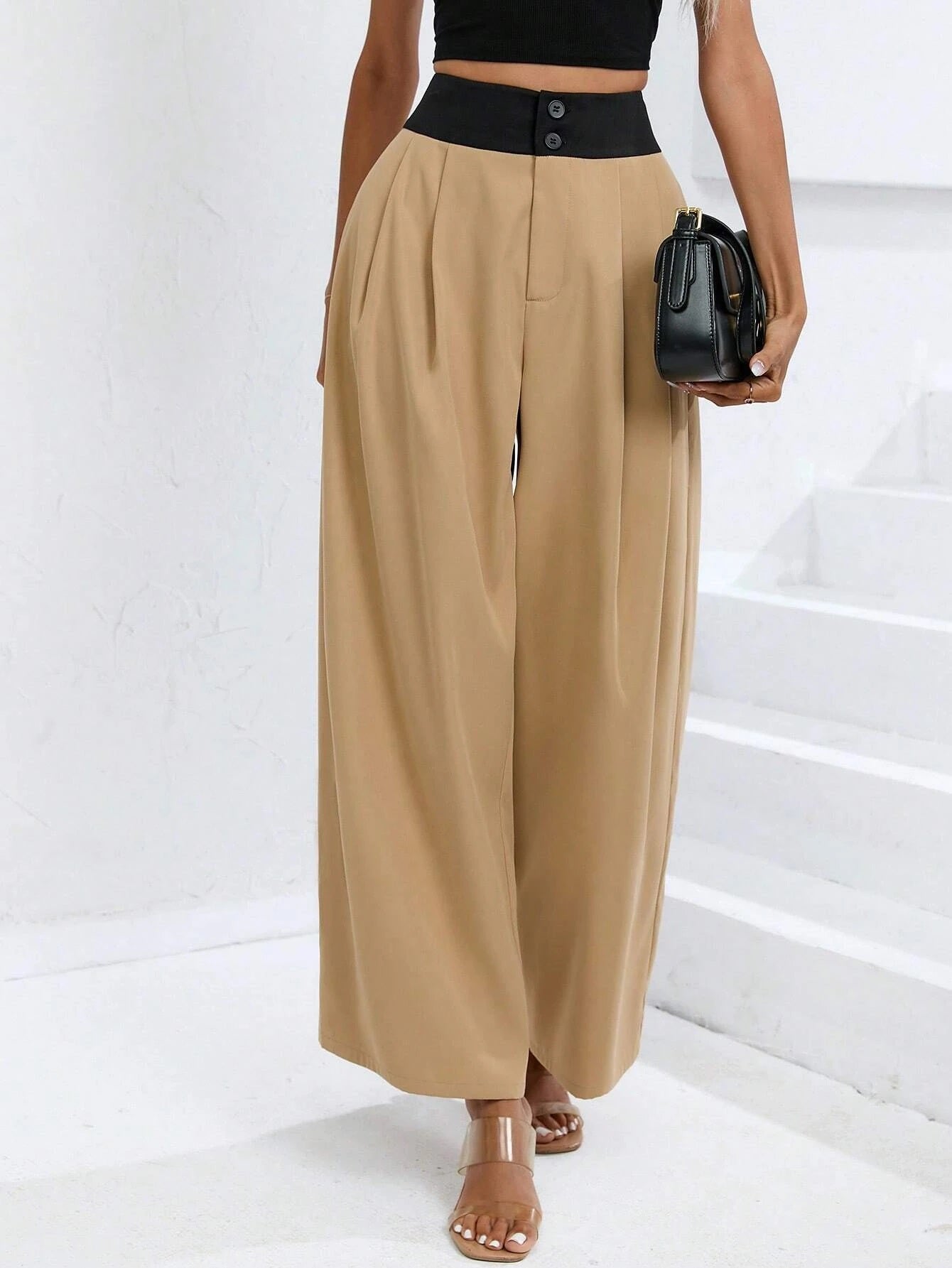 CM-BS166332 Women Trendy Bohemian Style High Waist Plicated Detail Wide Leg Pants - Khaki