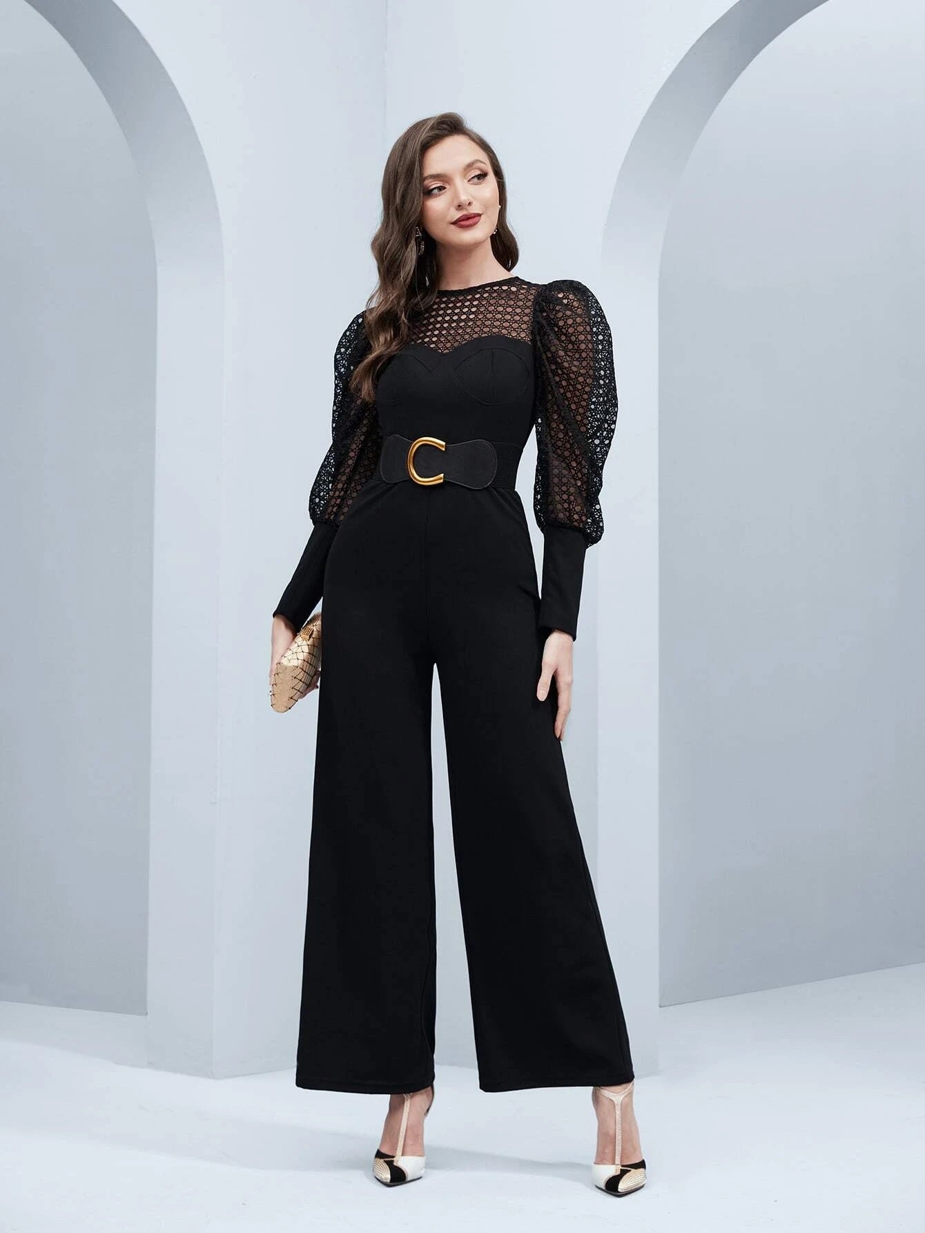 CM-JS121824 Women Elegant Seoul Style Sheer Puff Sleeve Jumpsuit - Black