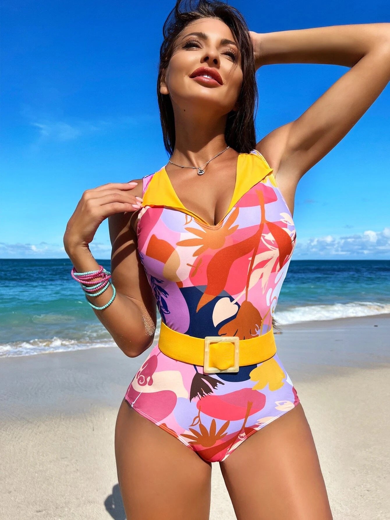 CM-SWS336239 Women Trendy Seoul Style Tropical Print Belted One Piece Swimsuit