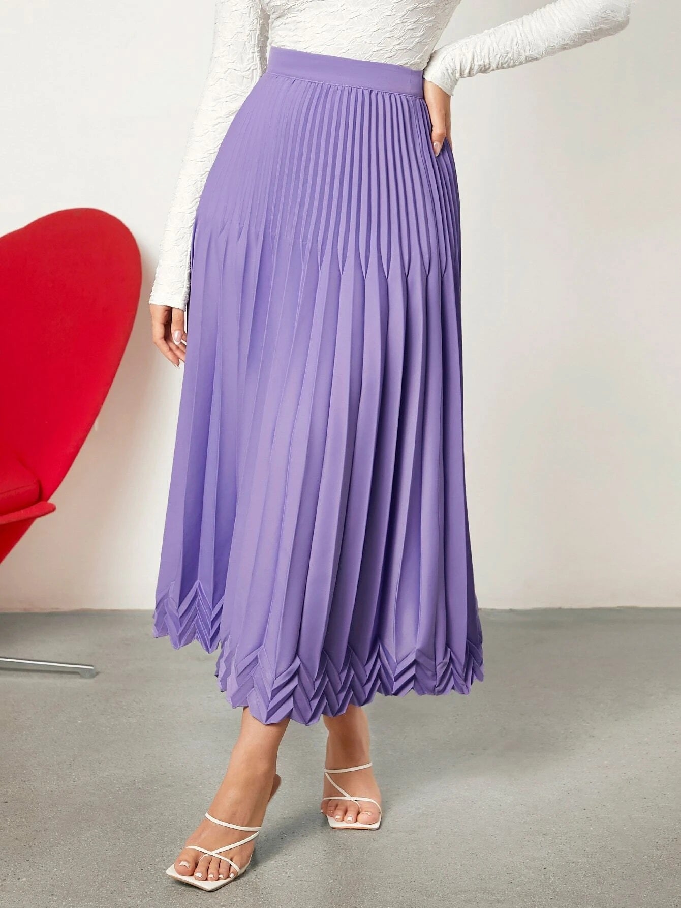 CM-BS020770 Women Elegant Seoul Style High Waist Chevron Pattern Pleated Skirt - Purple